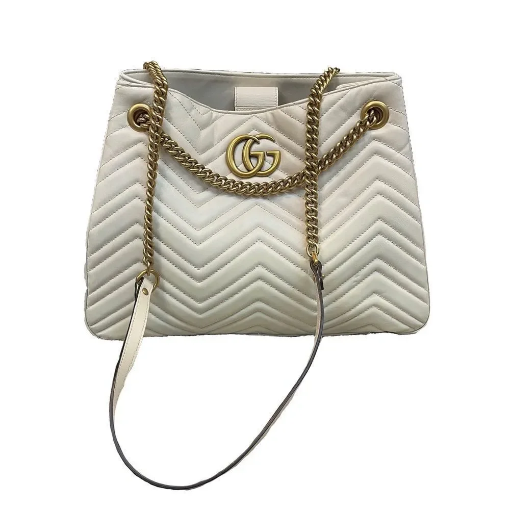 Gucci Marmont Chevron Leather Bag Ivory w/ Antique Gold Hardware and Chain Strap
